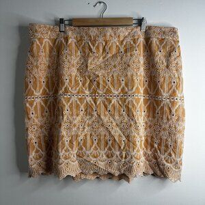 Skies Are Blue Skirt Womens 3X Yellow Embroidered Eyelet Lined Scallop Hem Plus